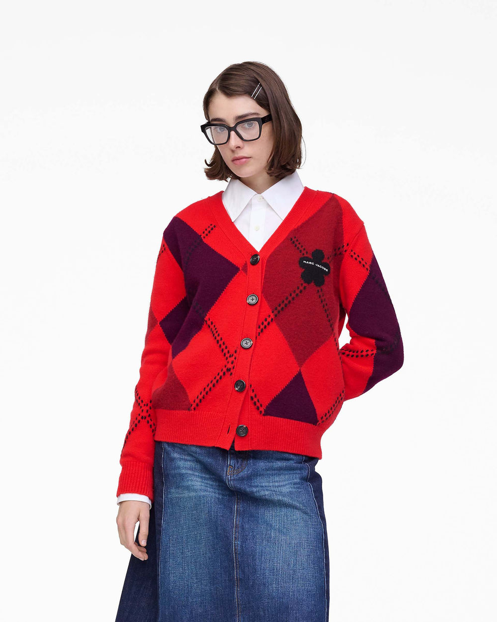Preppy Daisy Argyle Cardigan - Red Multi