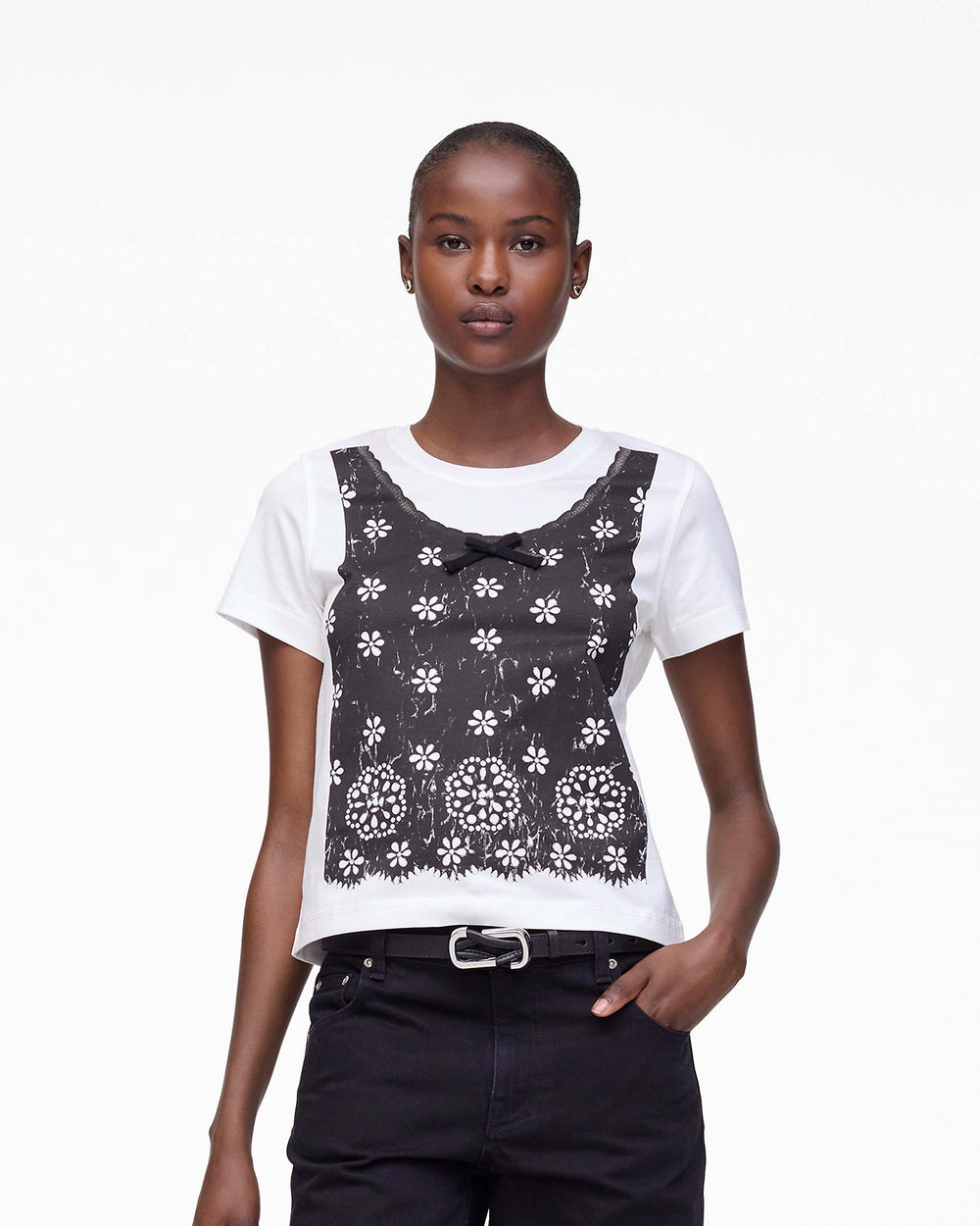 Trompe L'Oeil Eyelet Slim Tee - White Multi
