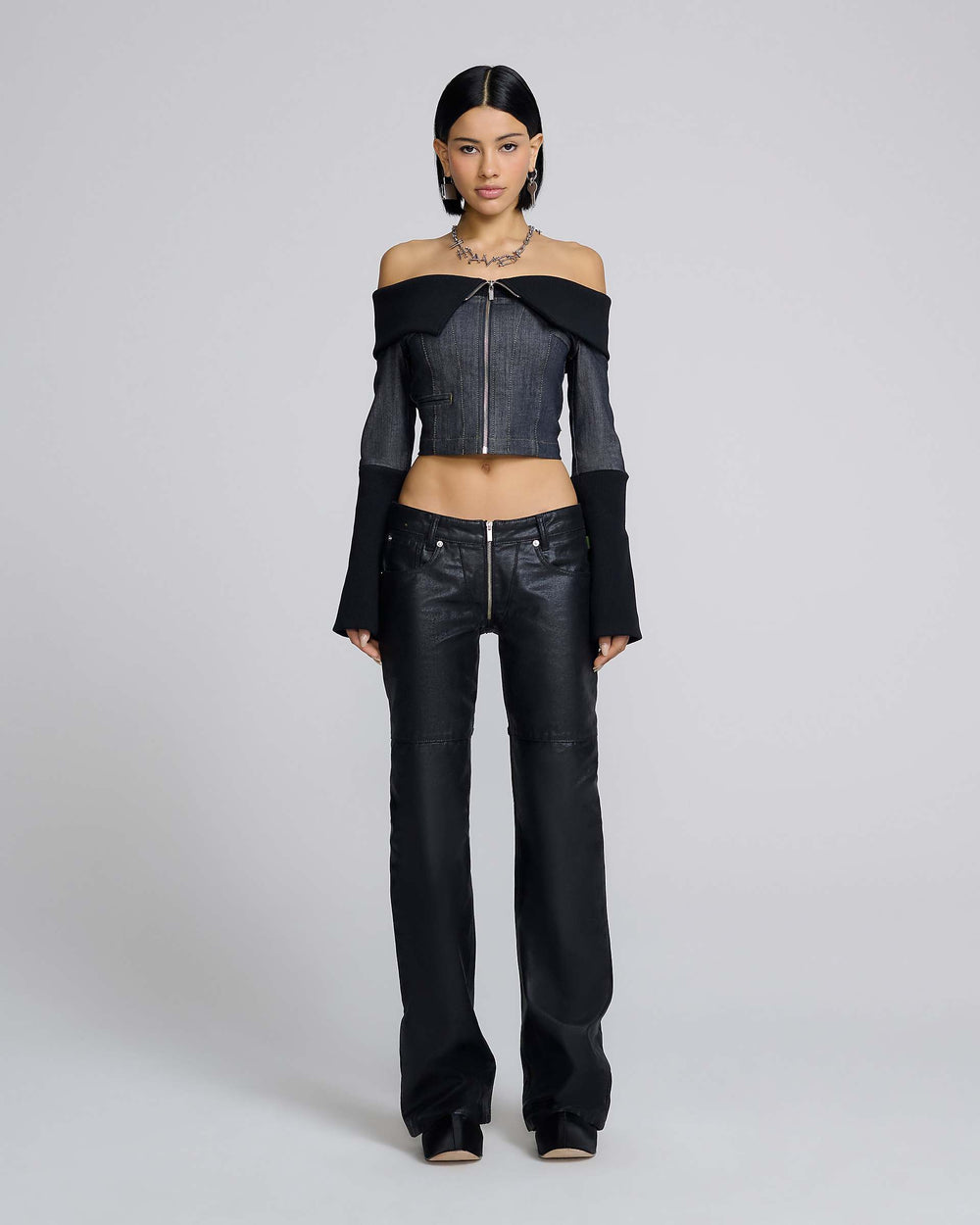 Denim And Rib Top - Black