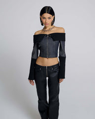 Denim And Rib Top - Black