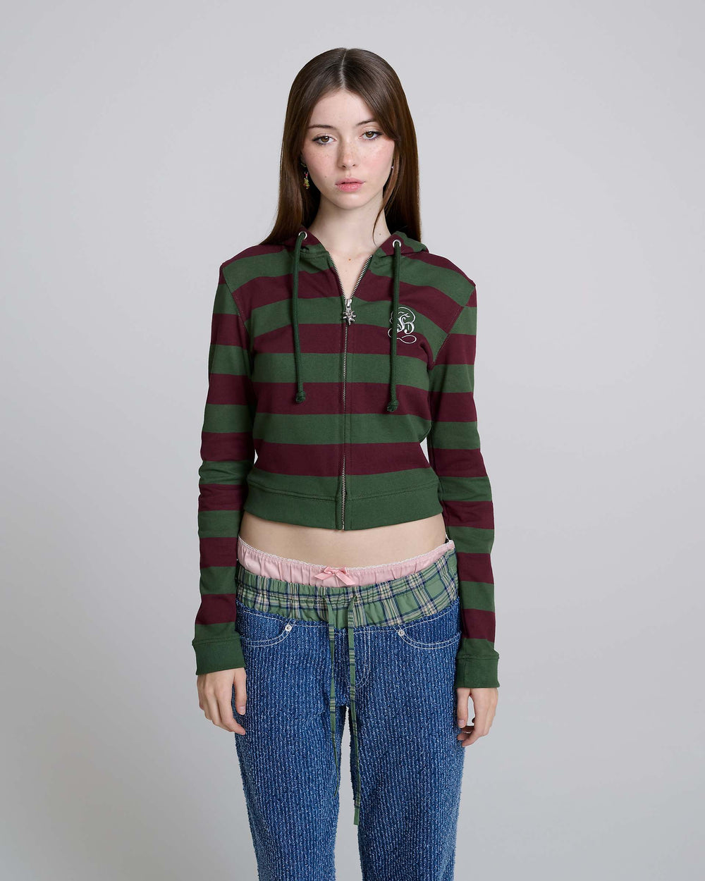 Fitted Stripe Zip-Up Hoodie - Green/Red