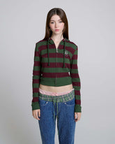 Fitted Stripe Zip-Up Hoodie - Green/Red