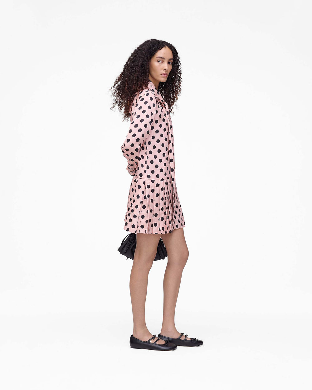 Dots Bow Pleated Dress - Peach Multi