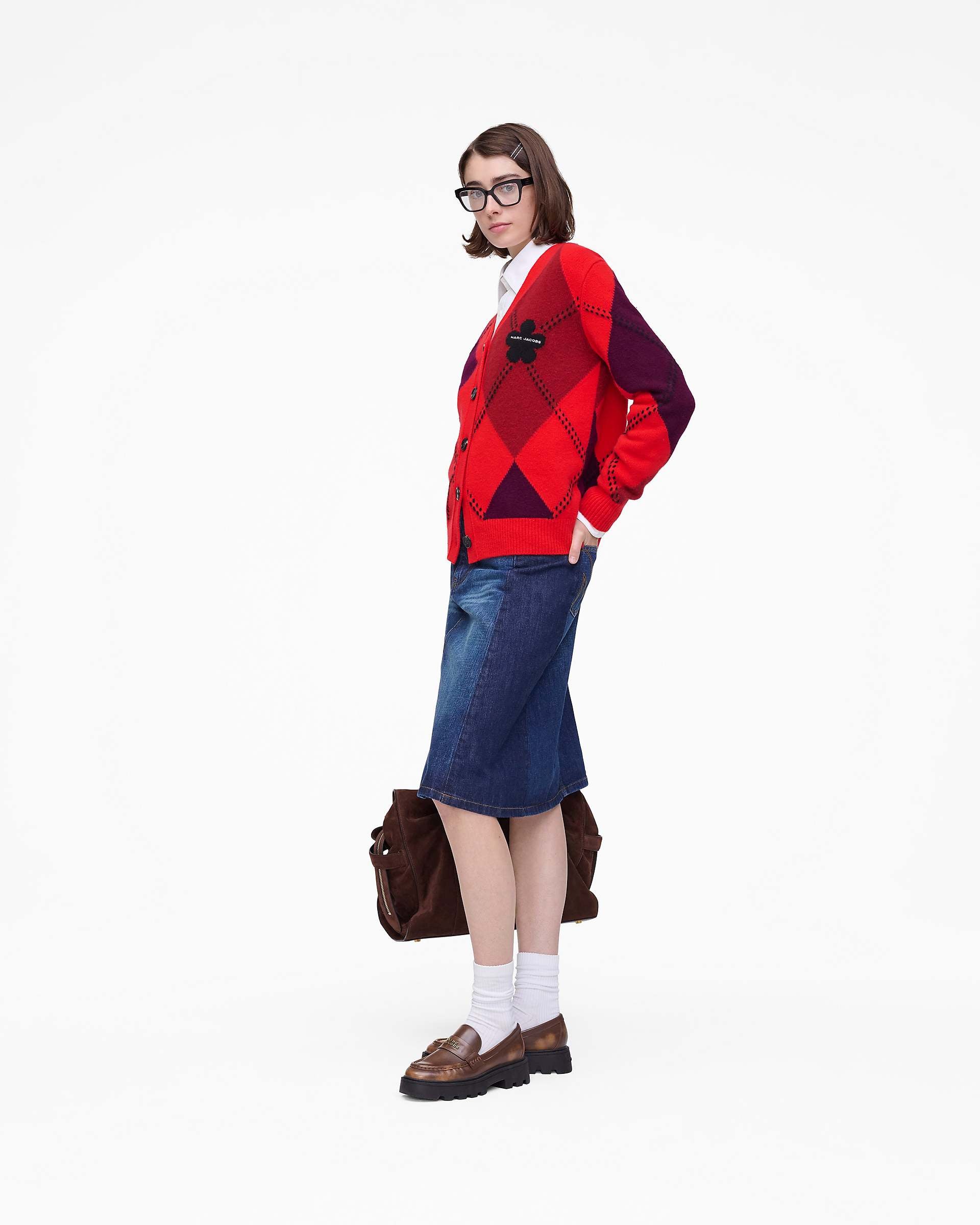 Preppy Daisy Argyle Cardigan - Red Multi