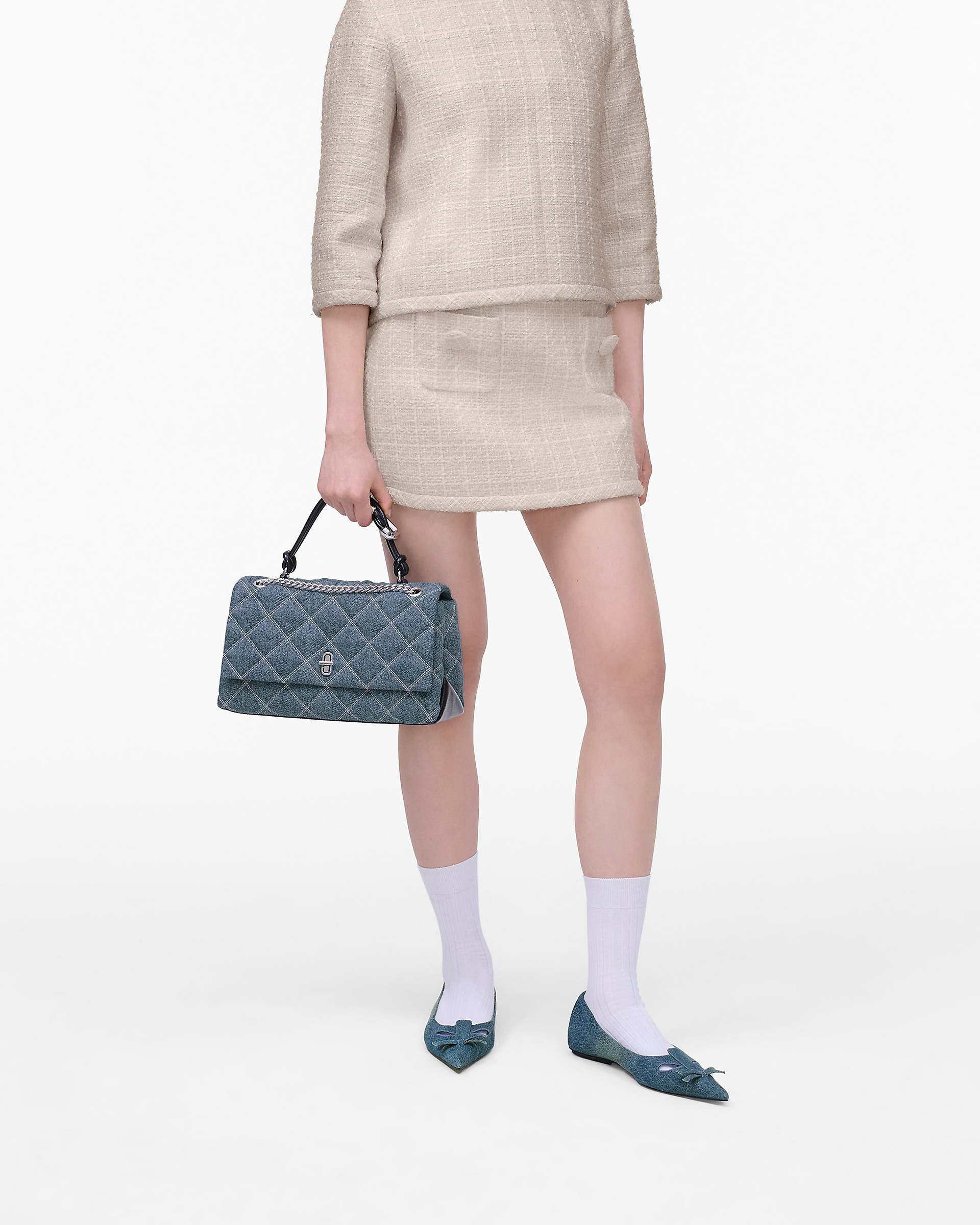 The Quilted Denim Dual Chain Shoulder Bag - Light Wash Indigo