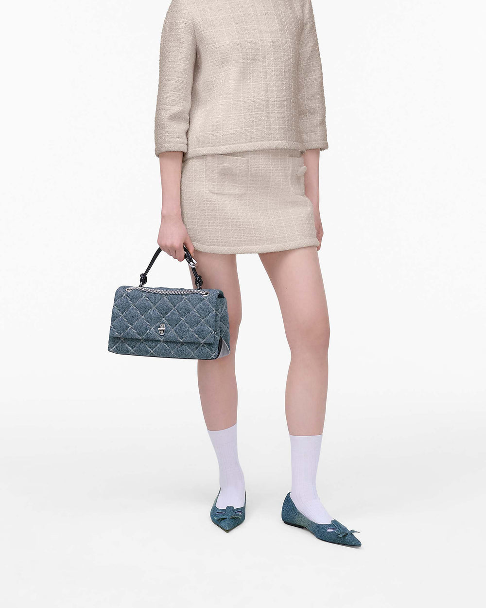 The Quilted Denim Dual Chain Shoulder Bag - Light Wash Indigo