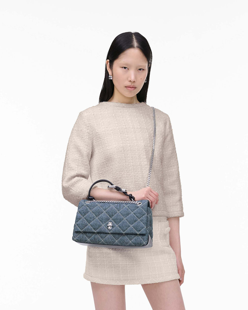 The Quilted Denim Dual Chain Shoulder Bag - Light Wash Indigo