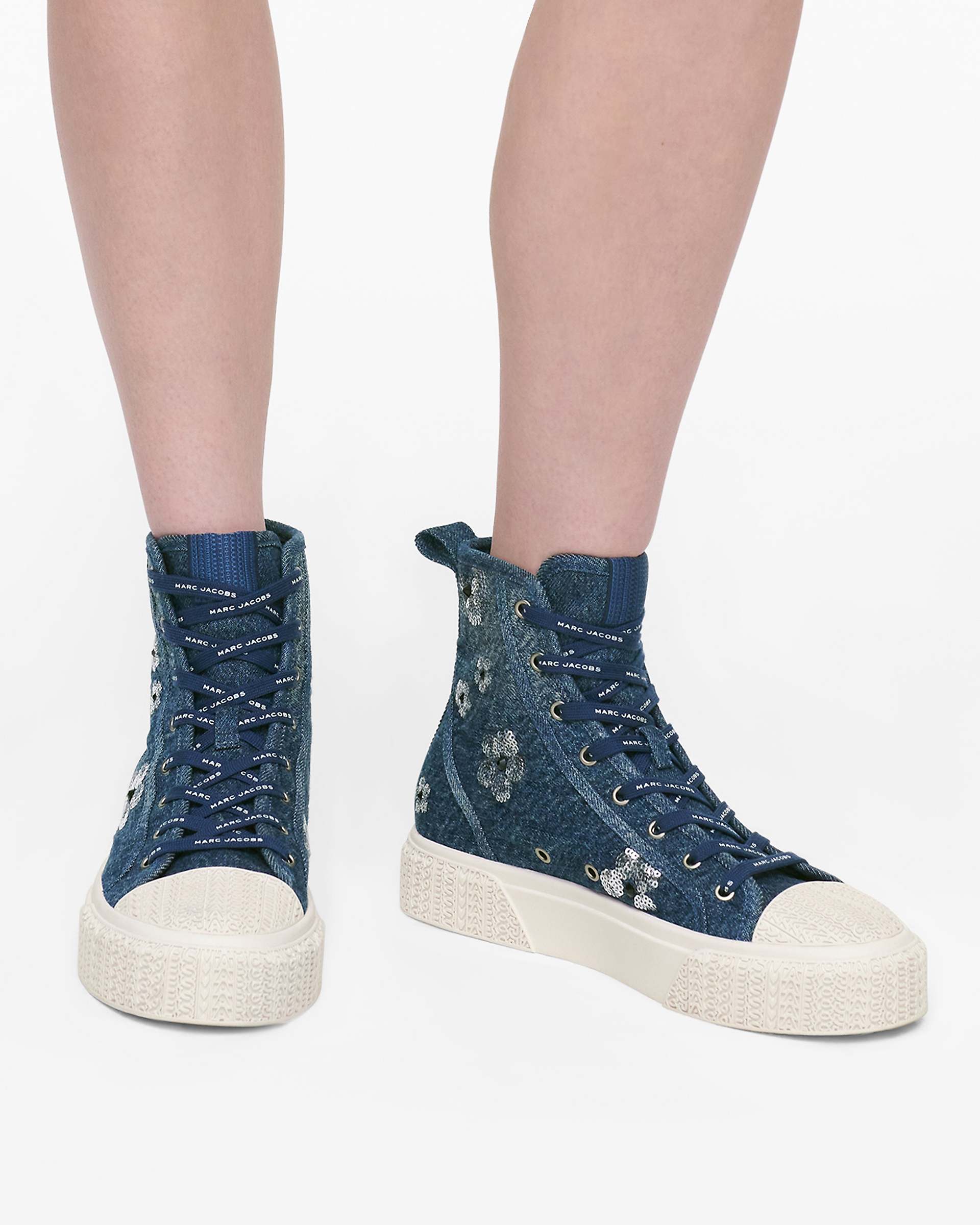 The Sequin Daisy Denim High Top Sneaker - Vintage Indigo