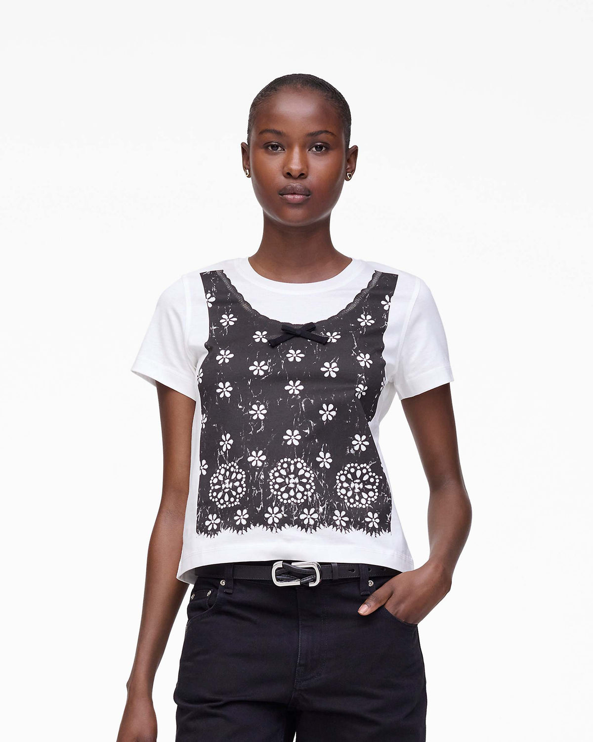 Trompe L'Oeil Eyelet Slim Tee - White Multi
