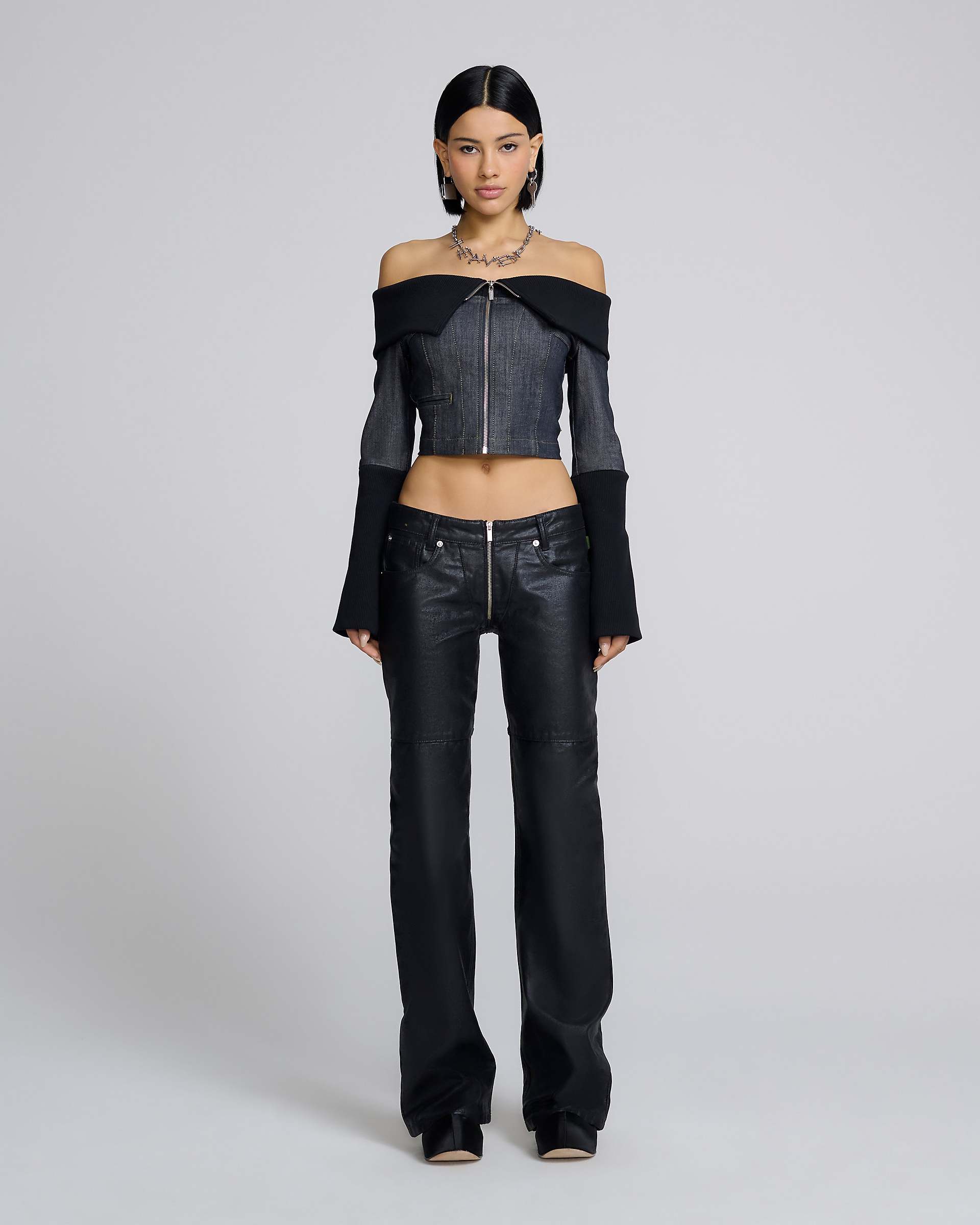 Denim And Rib Top - Black
