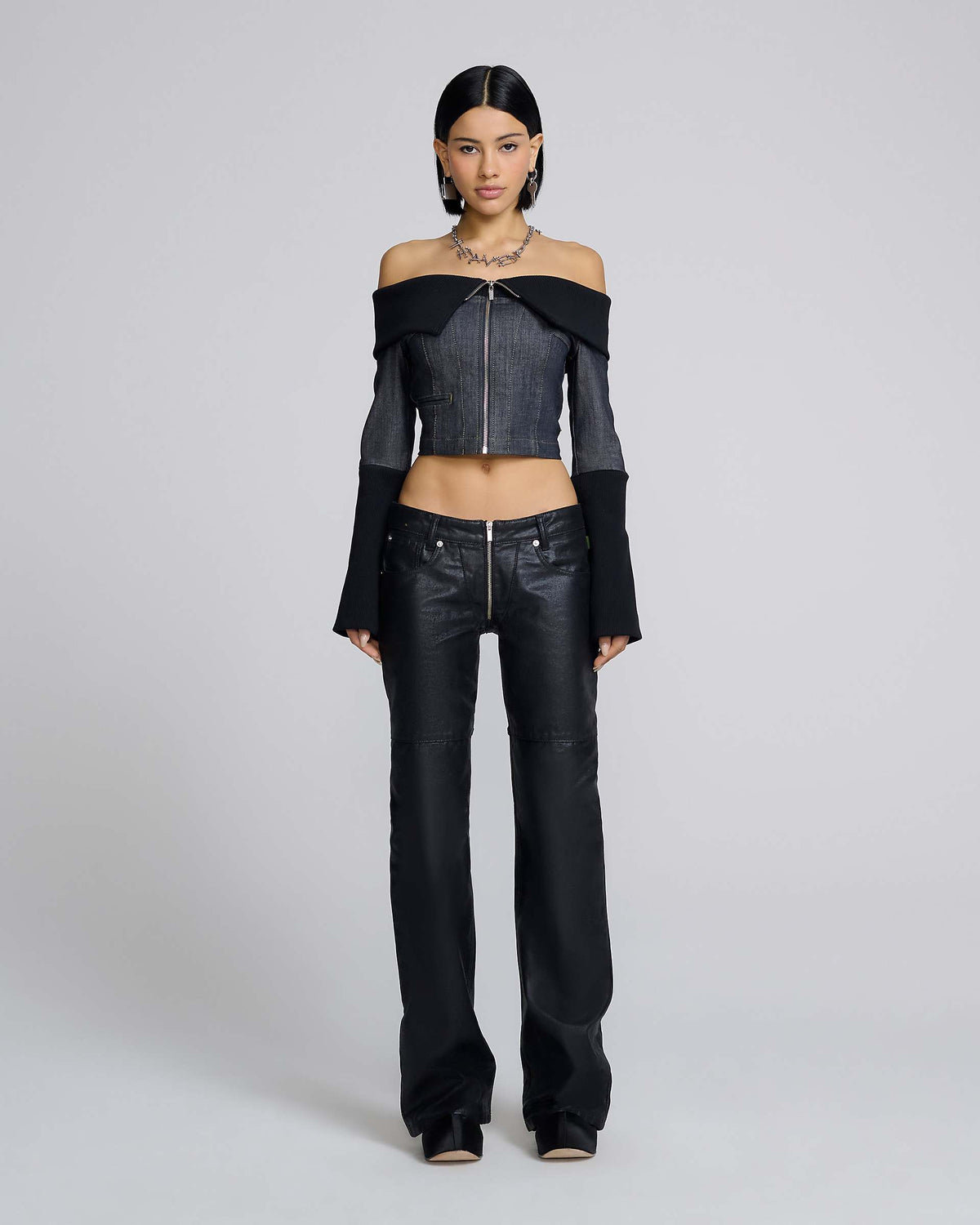 Denim And Rib Top - Black