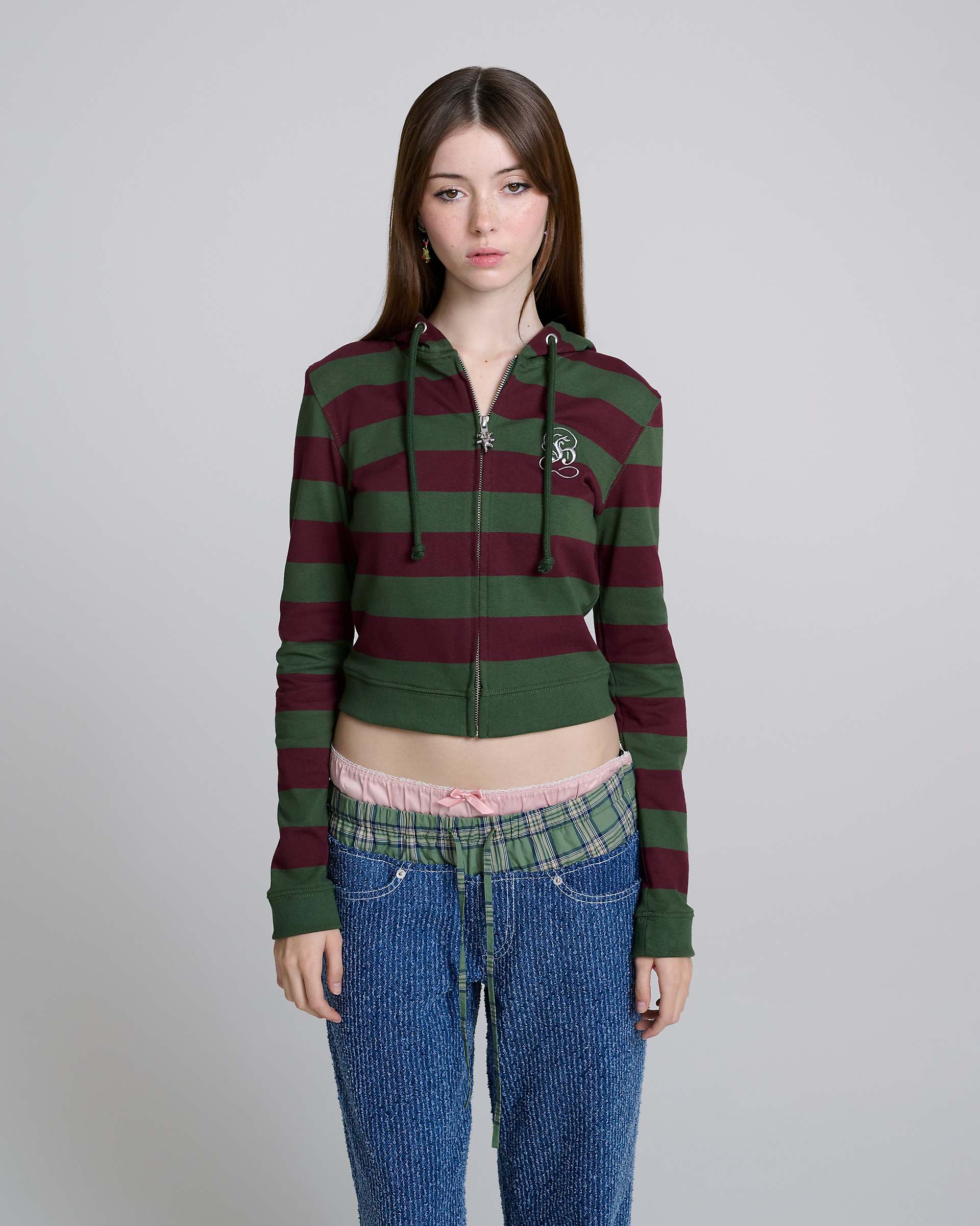 Fitted Stripe Zip-Up Hoodie - Green/Red