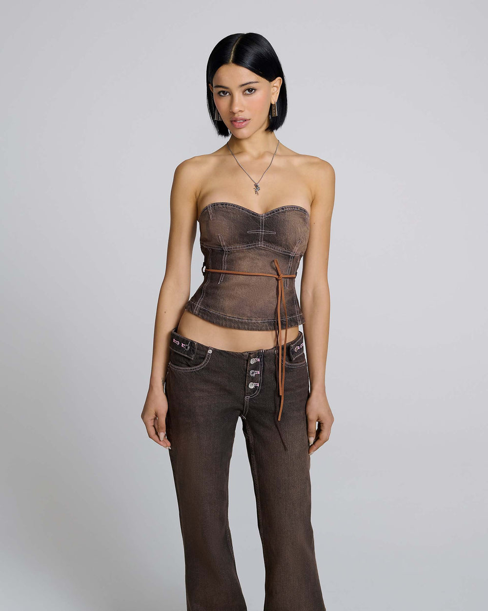 DETACHED WAISTBAND FLARED JEANS - Brown