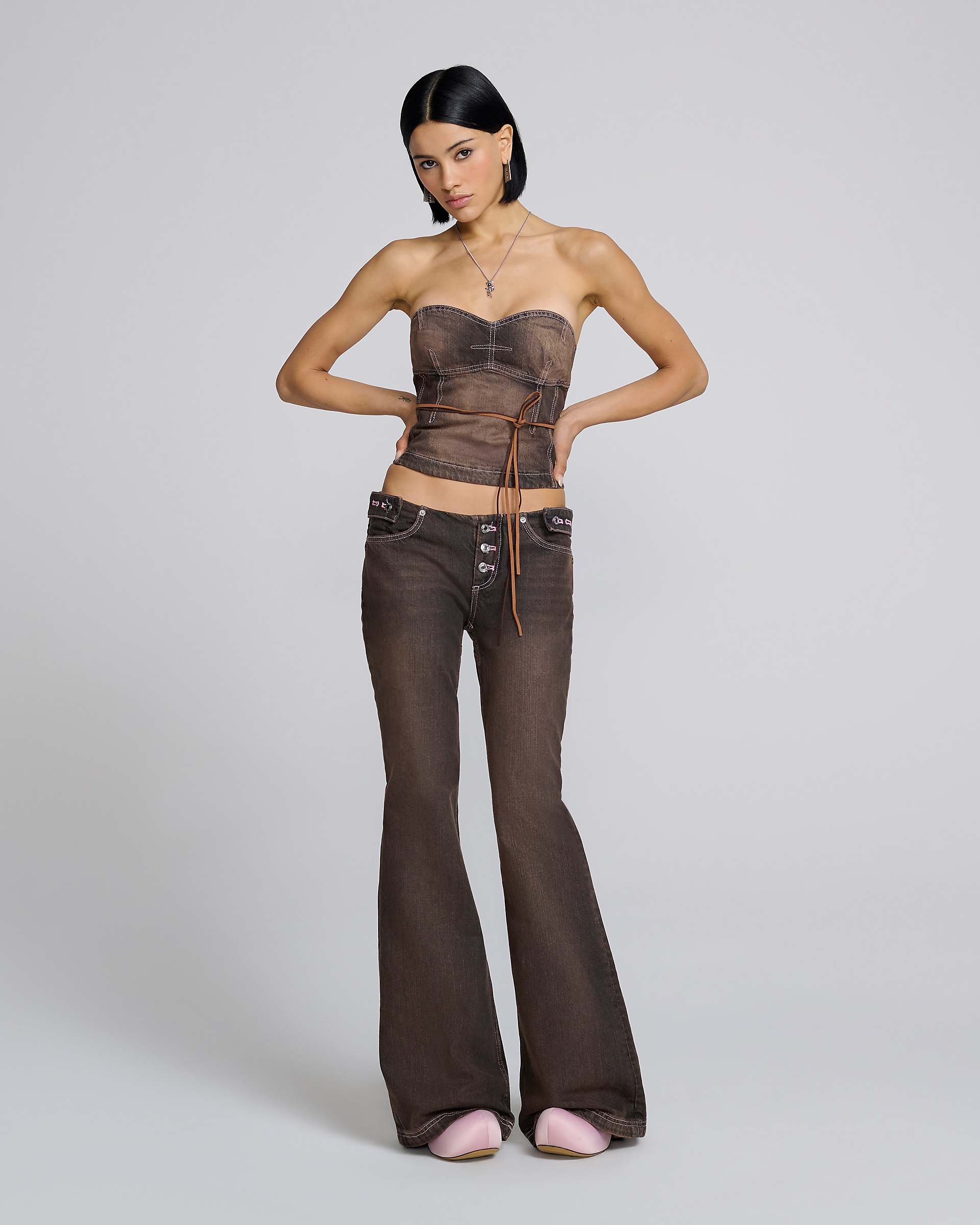 DETACHED WAISTBAND FLARED JEANS - Brown