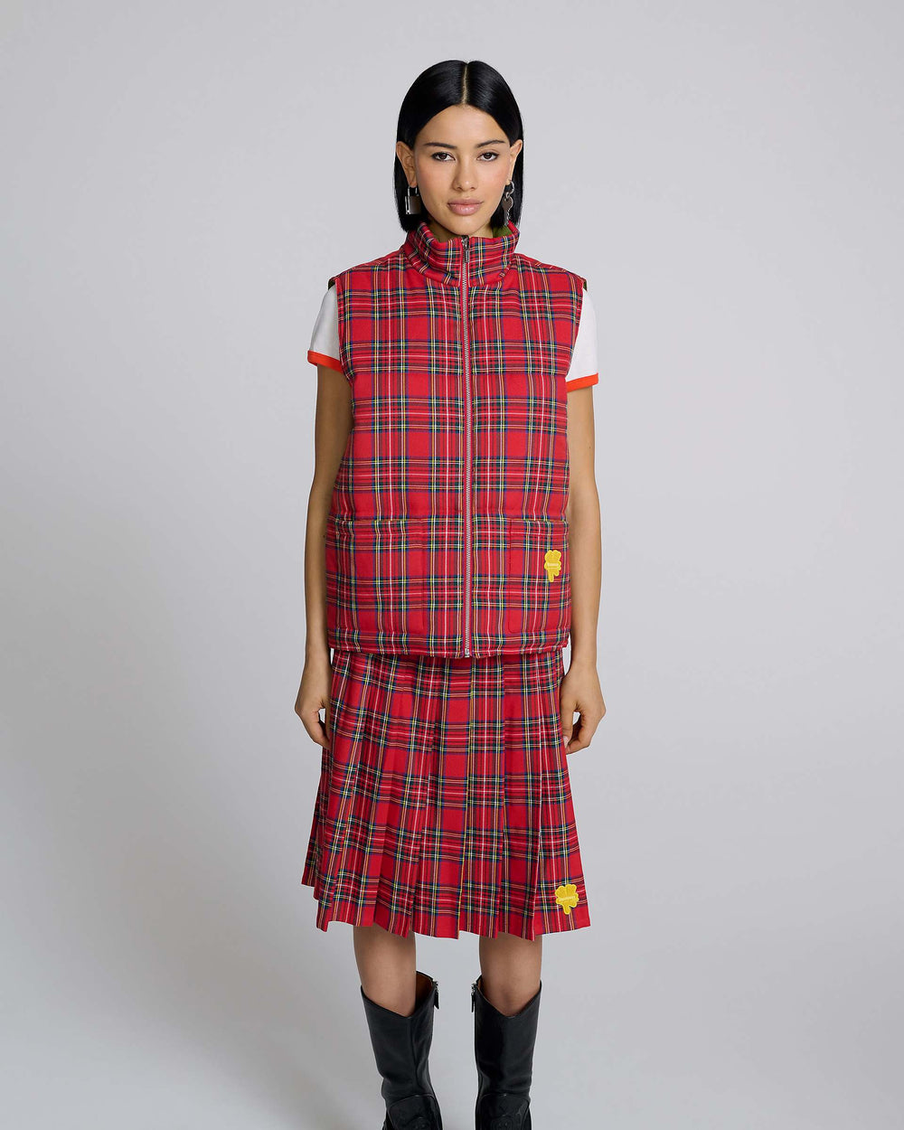 Tartan Puffer Vest - Red Multi